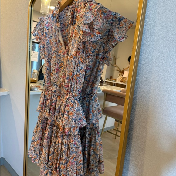 RESET by Jane Floral Shimmer Ruffle Flutter Sleeve High Low Mini Dress S - Picture 5 of 12